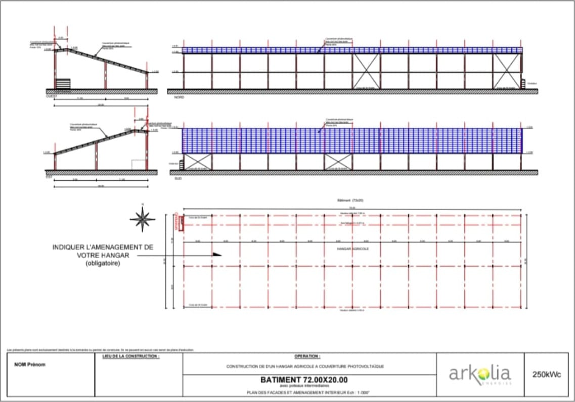Plan des façades et aménagement intérieur d'un hangar agricole photovoltaïque
