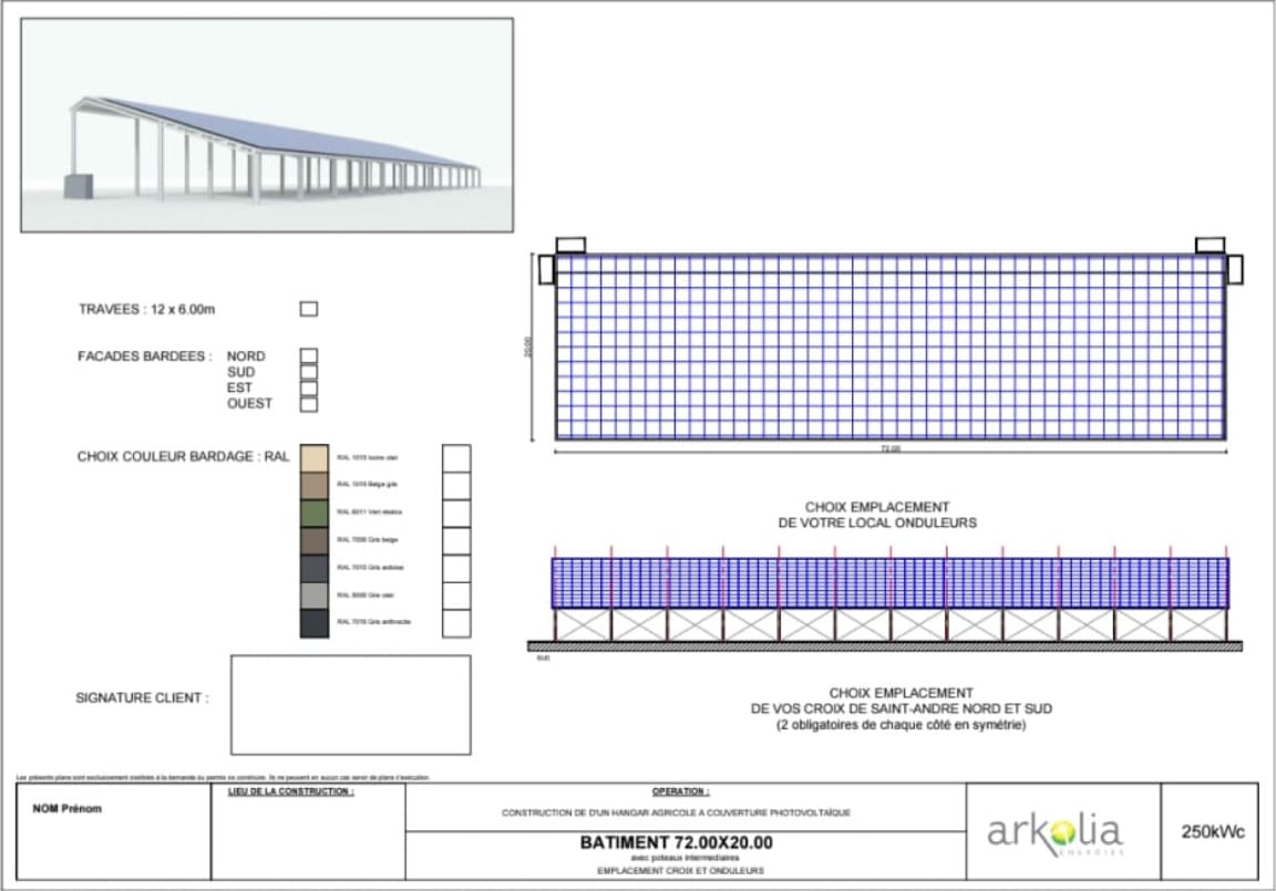Plan de calepinage et rendu 3D d'un hangar photovoltaïque