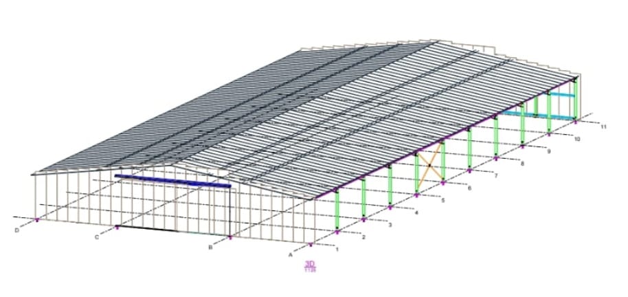 Ossature 3D d'un bâtiment métallique de grande portée