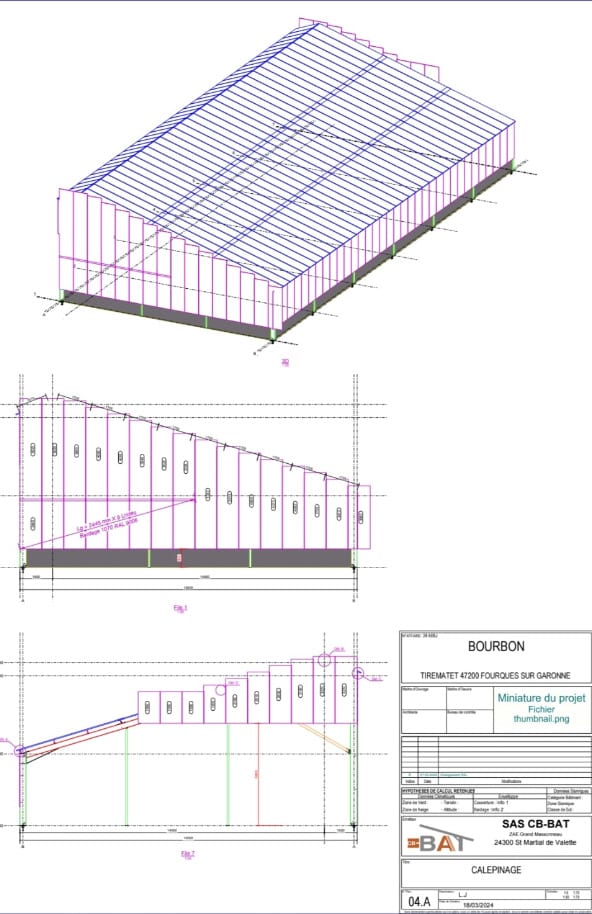 Maquette 3D et élévations d'un bâtiment industriel